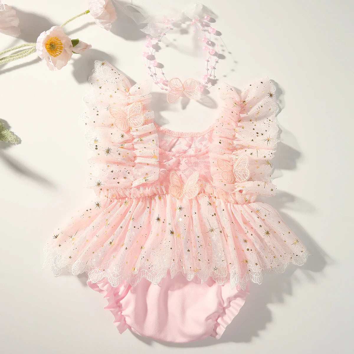 KMK - Butterfly Glitter Romper + Pearl Headband