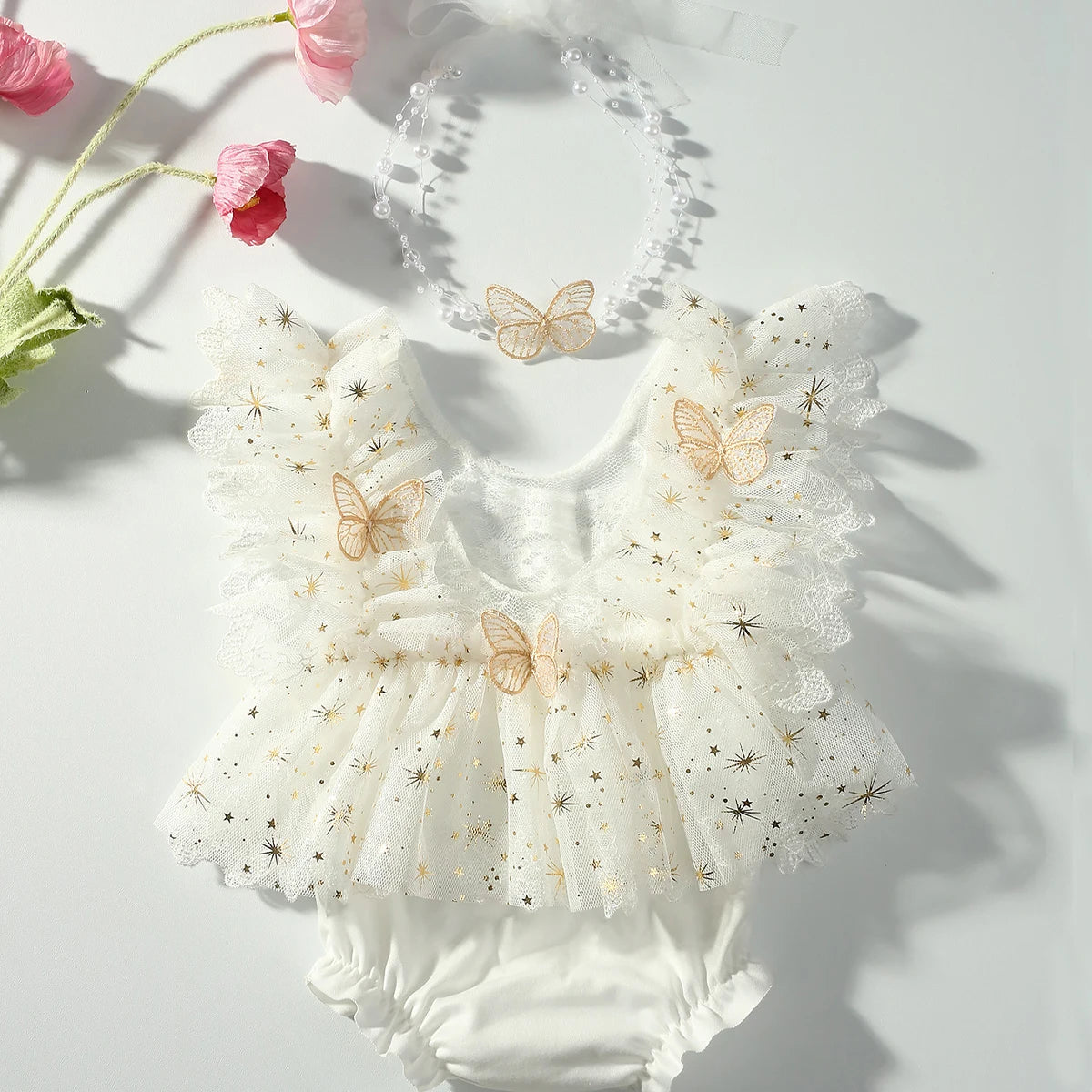 KMK - Butterfly Glitter Romper + Pearl Headband