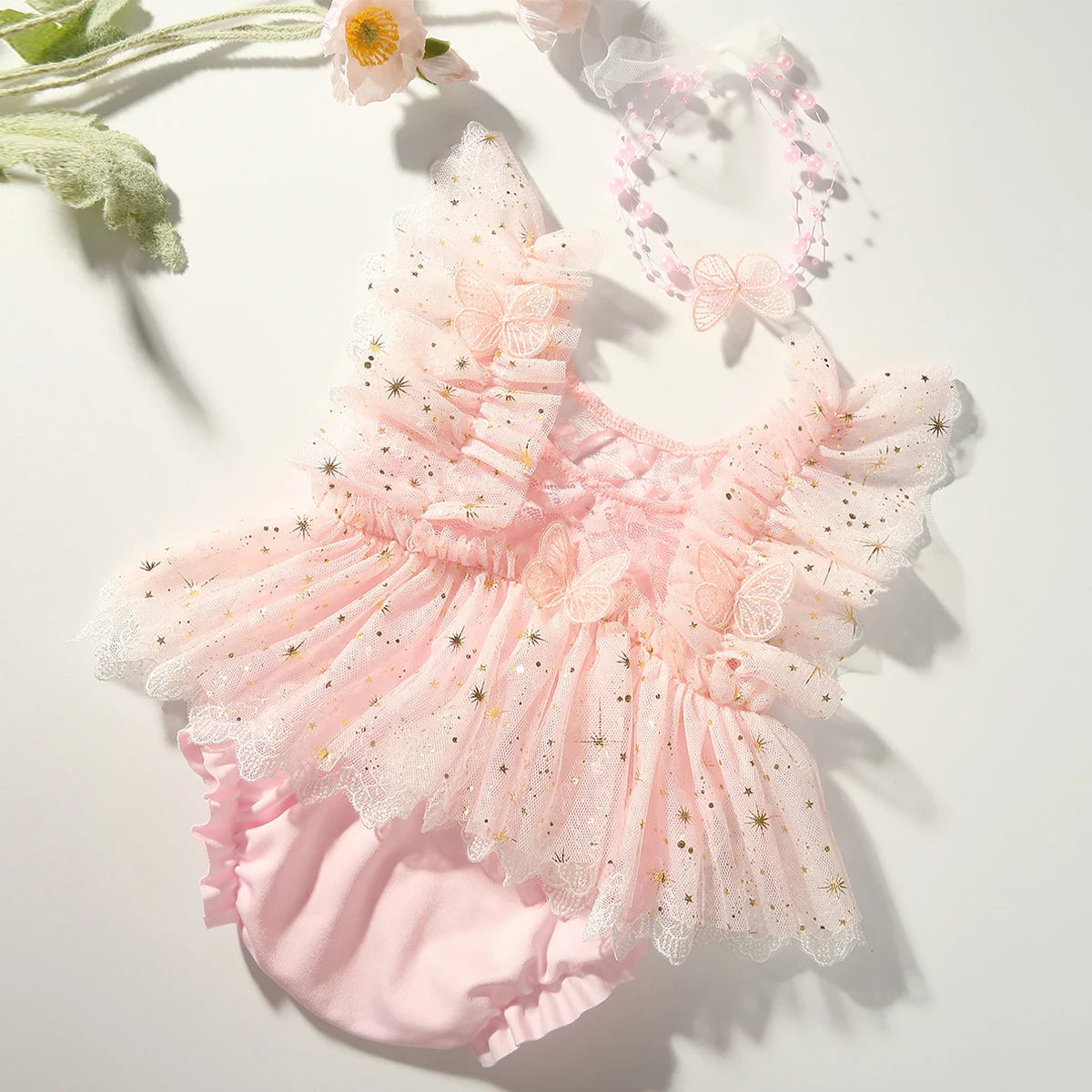 KMK - Butterfly Glitter Romper + Pearl Headband