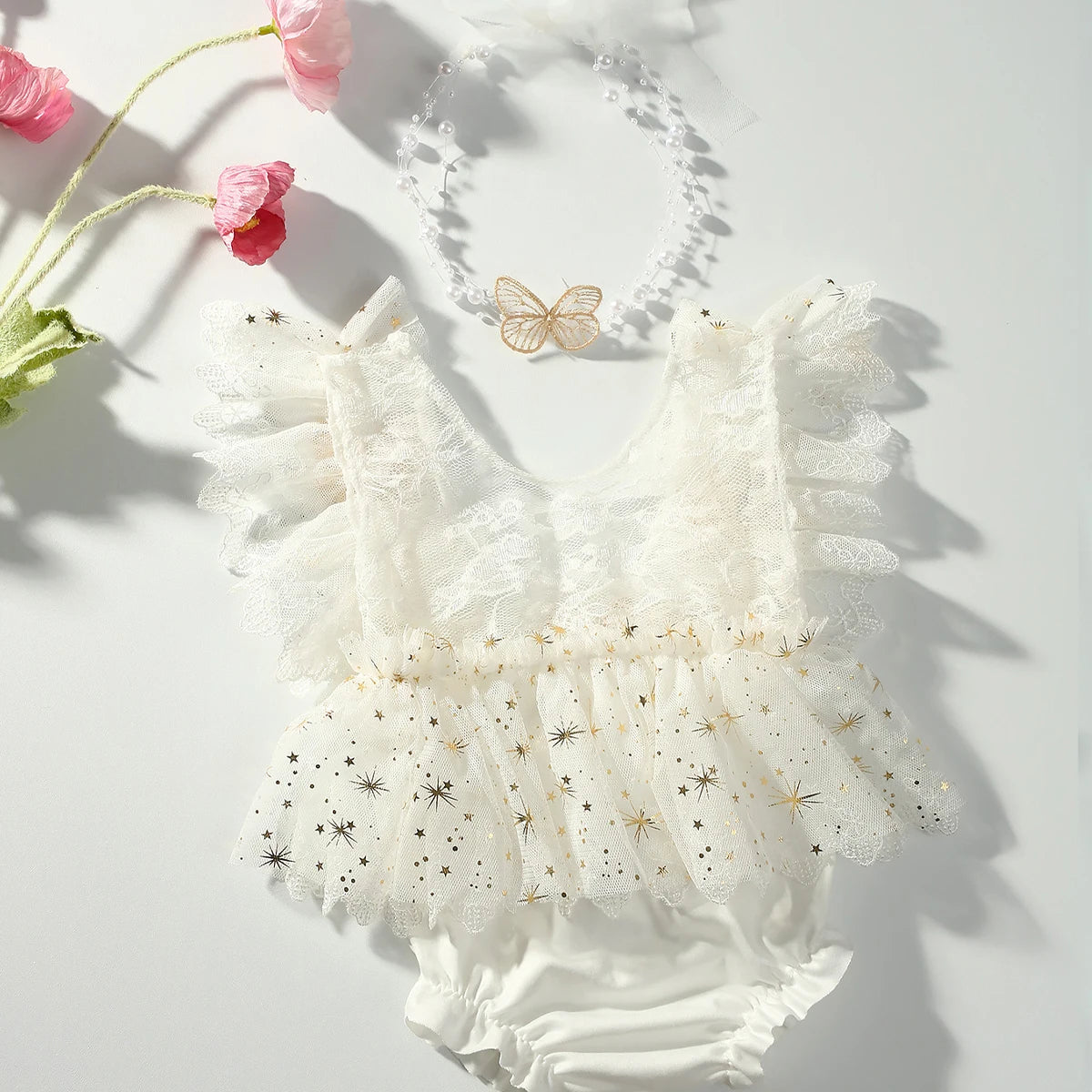 KMK - Butterfly Glitter Romper + Pearl Headband