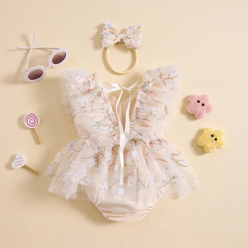 KMK - Flower Embroidered Mesh Romper Dress + Headband
