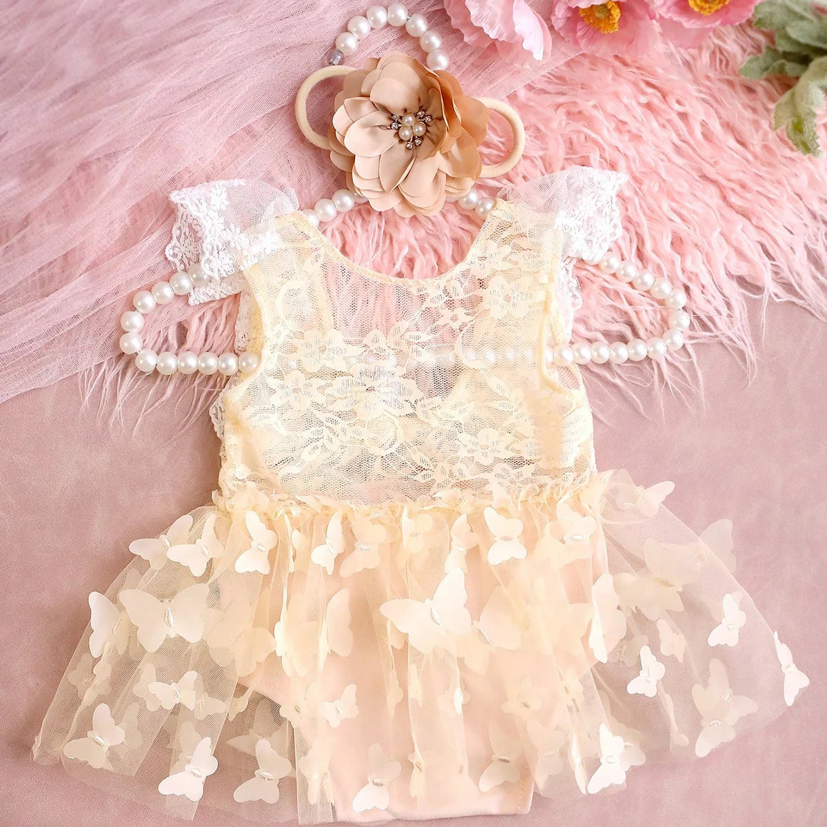 KMK - Cream Lace Butterfly Romper Set