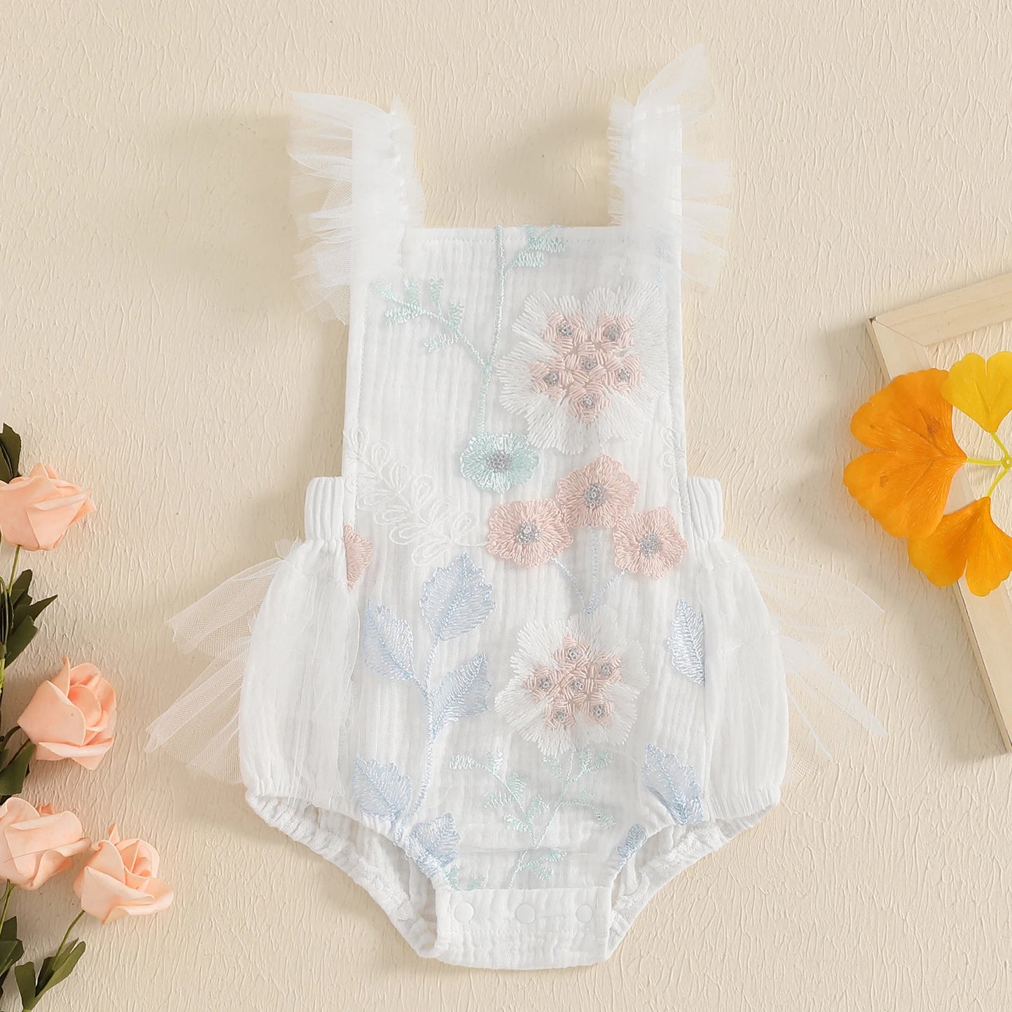 KMK - White Sleeveless Floral Embroidery Romper