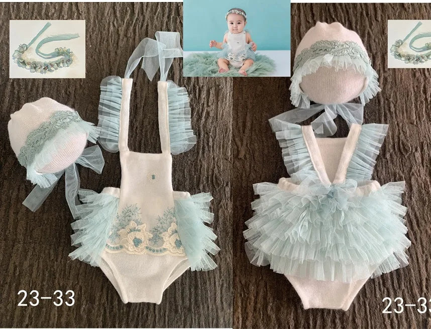 KMK Newborn 3-Piece Outfit Set in Blue Tulle, including romper, bonnet, and wrap