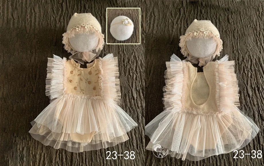 KMK Newborn 3-Piece Outfit Set in Cream Vine – includes a soft romper, matching bonnet, and wrap, perfect for newborn photography.