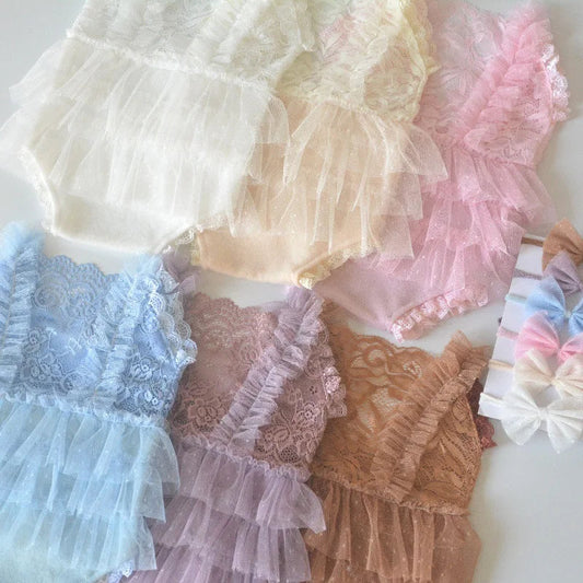 KMK - 2pcs/set Newborn Lace Romper + Headband