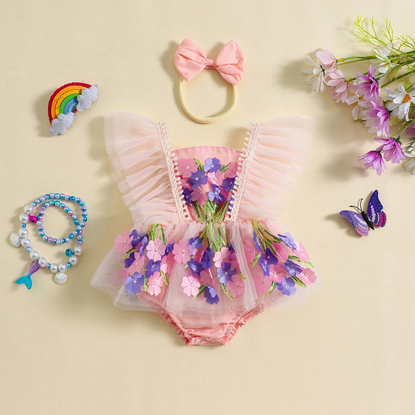 KMK - Flowers Embroidery Tulle Romper Dress + Headband