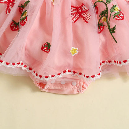 KMK - Lace Strawberry Patch Embroidered Tulle Romper Dress + Headband