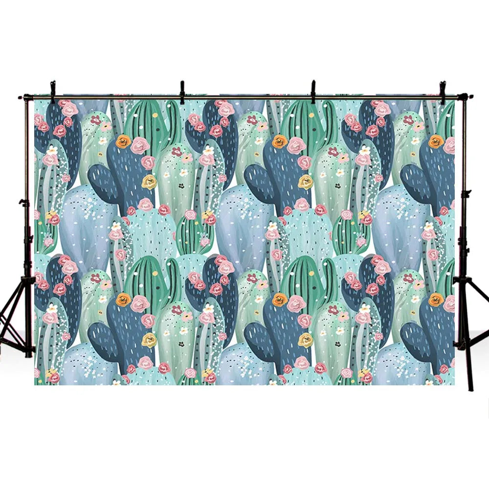 KMK - Mexican Watercolor Cactus Flowers Backdrop