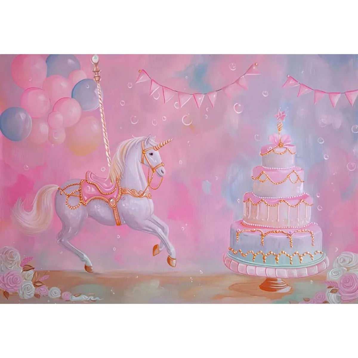 KMK - Pink Carousel Horse Cake Poly Photography Backdrop