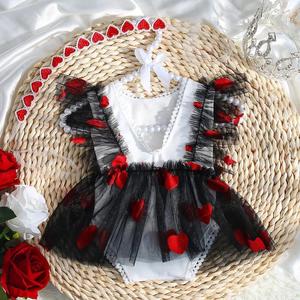 KMK - Hearts Embroidery Romper + Headband (3 colours)