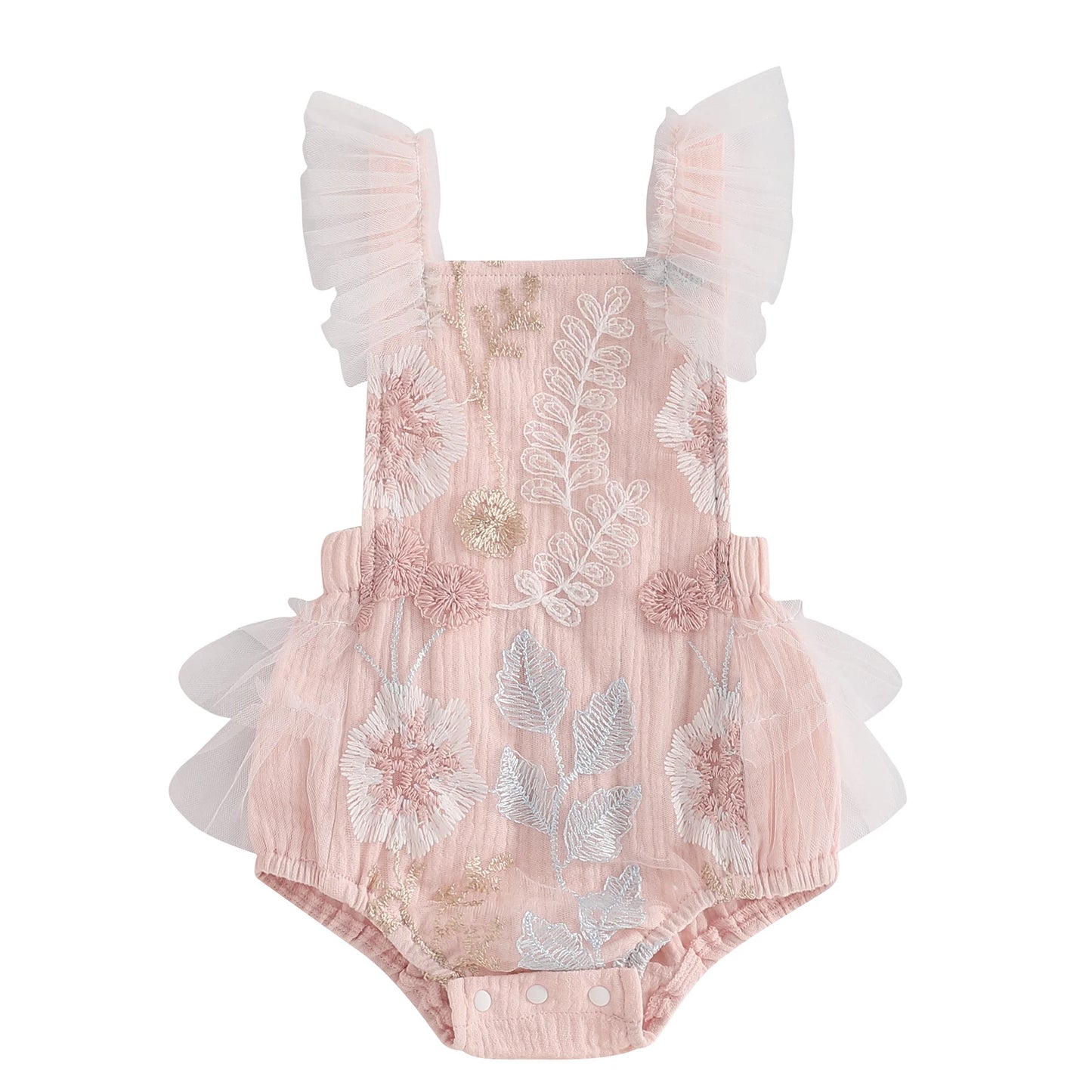 KMK - Pink  Sleeveless Floral Embroidery Romper