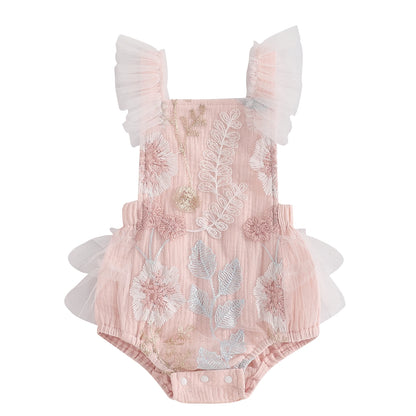 KMK - Pink  Sleeveless Floral Embroidery Romper