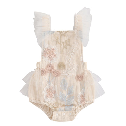KMK - Dusty  White Sleeveless Floral Embroidery Romper