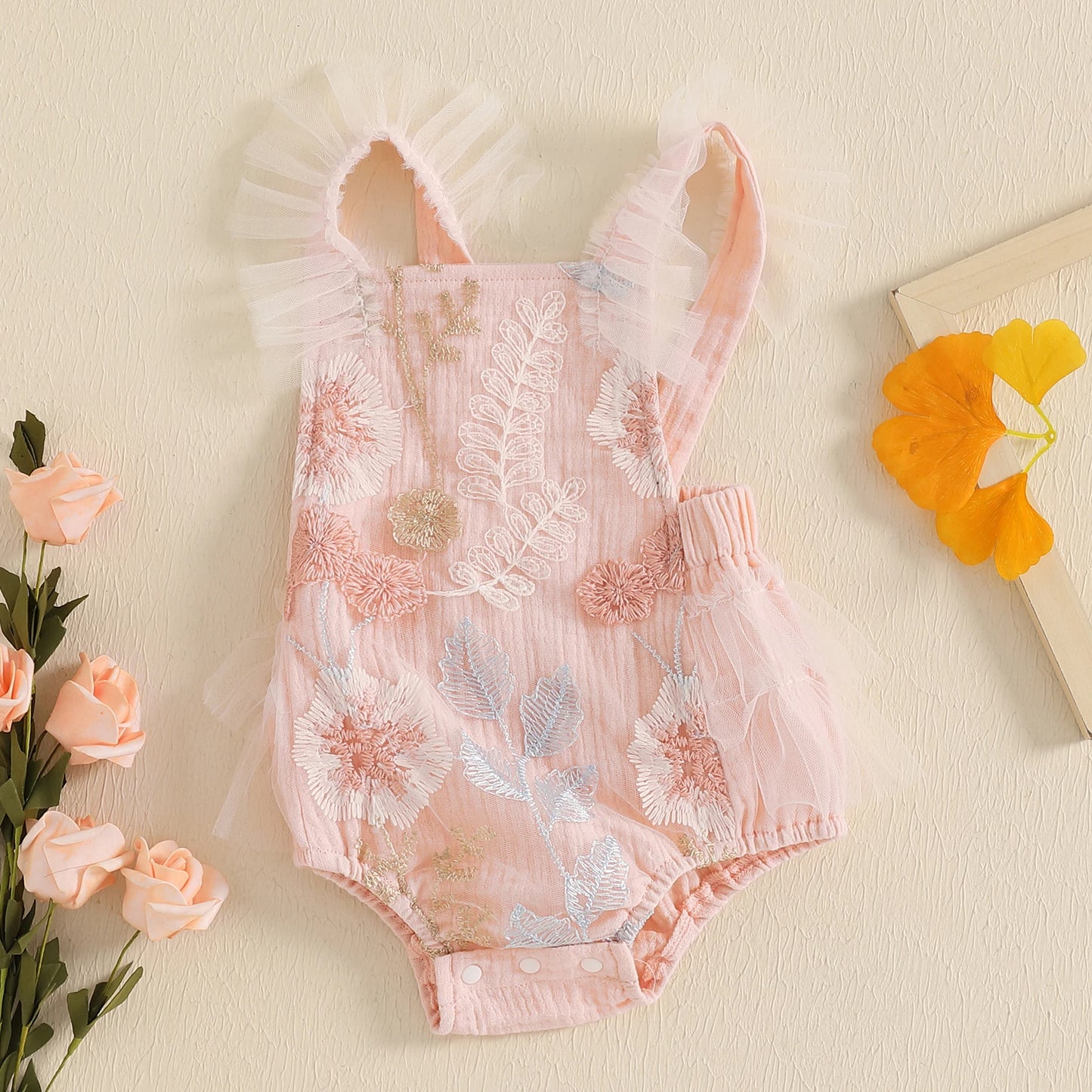 KMK - Pink  Sleeveless Floral Embroidery Romper