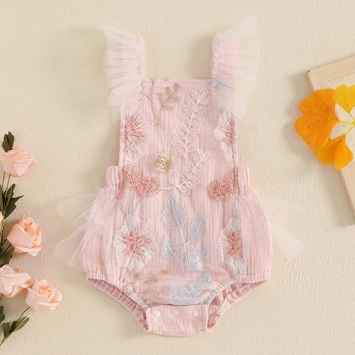 KMK - Pink  Sleeveless Floral Embroidery Romper