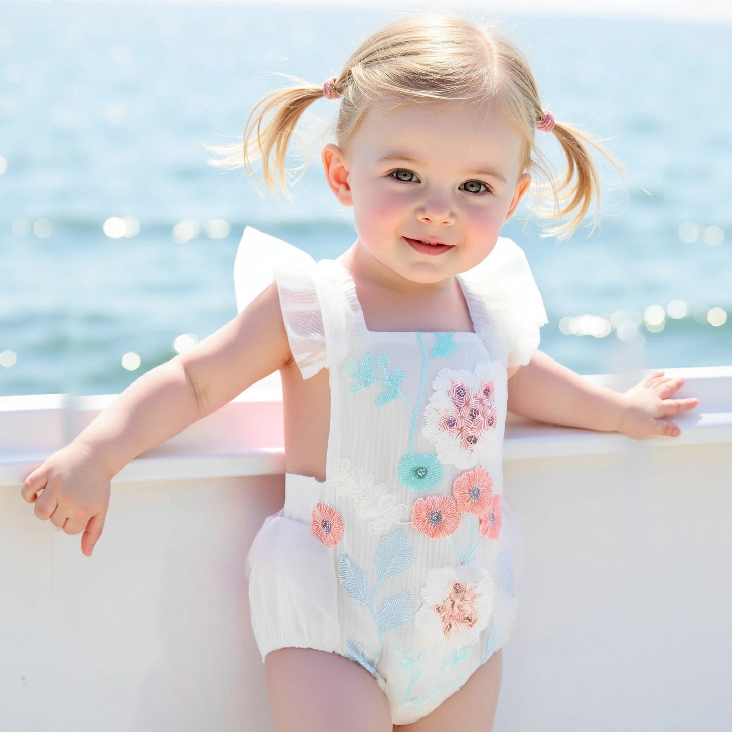 KMK -  White Sleeveless Floral Embroidery Romper