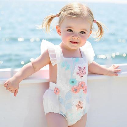 KMK -  White Sleeveless Floral Embroidery Romper
