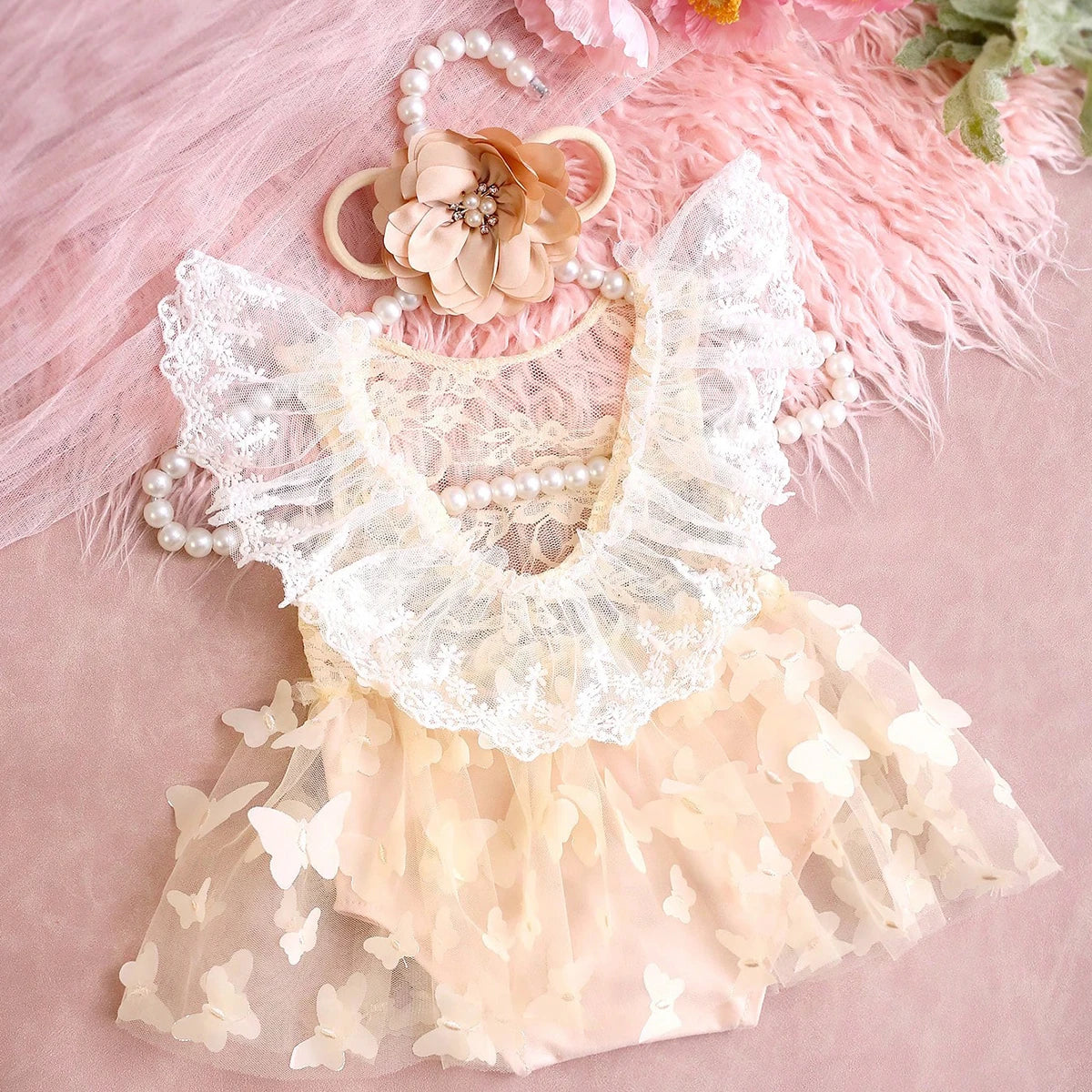 KMK - Cream Lace Butterfly Romper Set