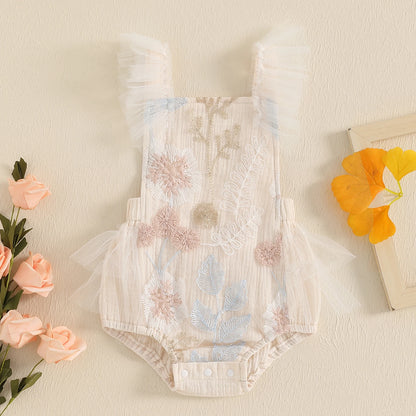 KMK - Dusty  White Sleeveless Floral Embroidery Romper