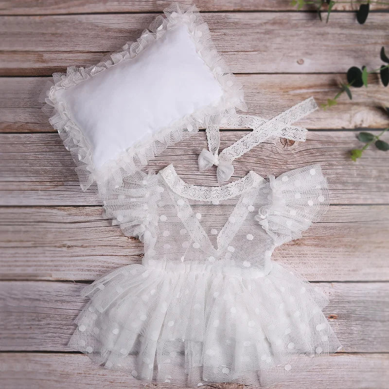 KMK -  3 Piece White Lace Romper Set