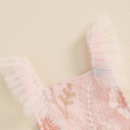 KMK - Pink  Sleeveless Floral Embroidery Romper
