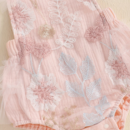 KMK - Pink  Sleeveless Floral Embroidery Romper