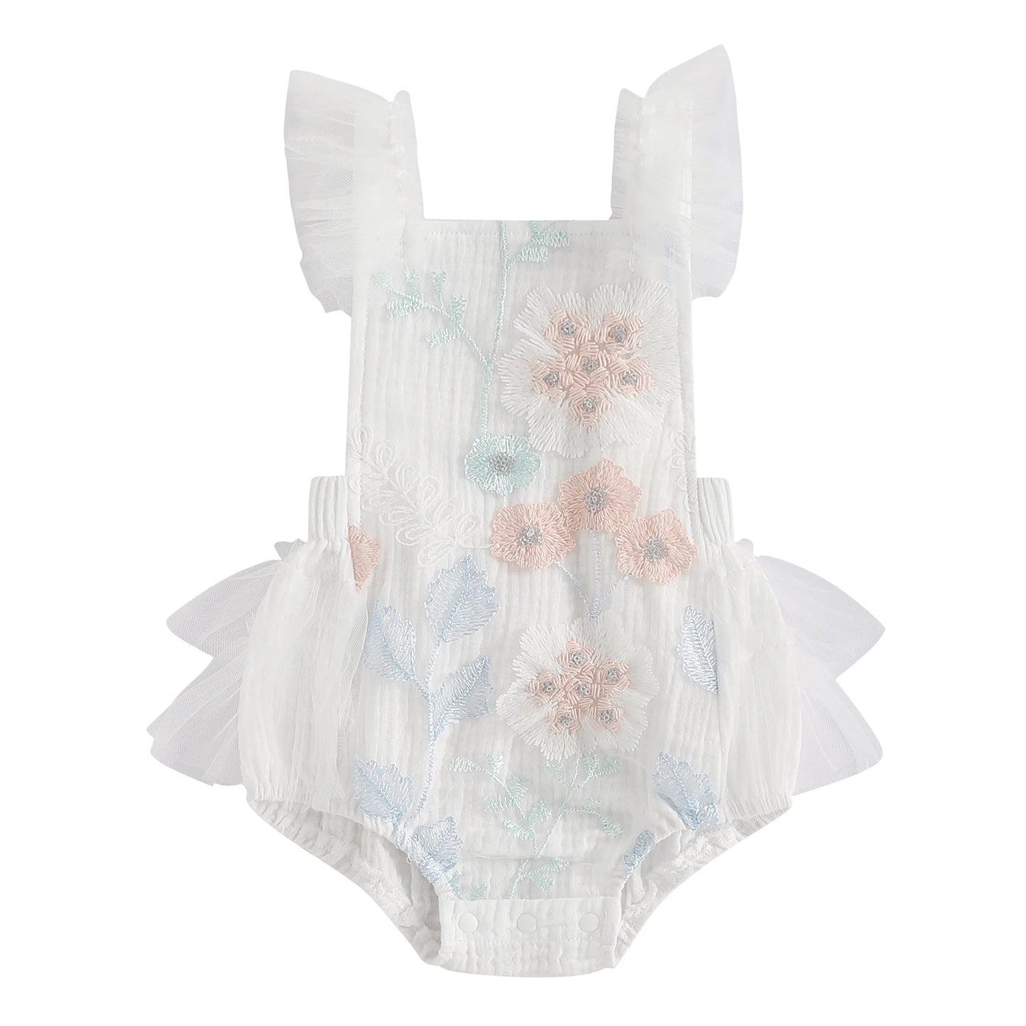 KMK -  White Sleeveless Floral Embroidery Romper