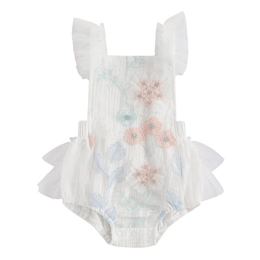 KMK -  White Sleeveless Floral Embroidery Romper