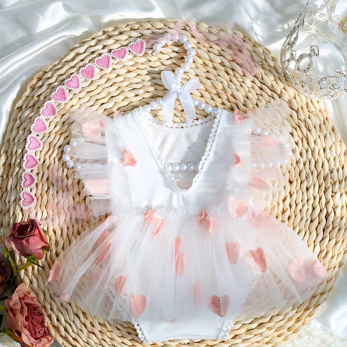 KMK - Hearts Embroidery Romper + Headband (3 colours)