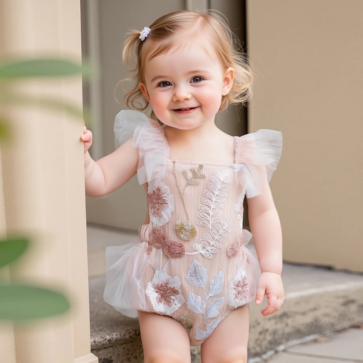 KMK - Pink  Sleeveless Floral Embroidery Romper
