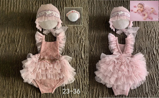 KMK Newborn 3-Piece Outfit Set in Rose, including romper, bonnet, and wrap