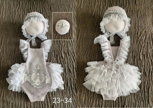 KMK Newborn 3-Piece Outfit Set in Silver, including romper, bonnet, and wrap