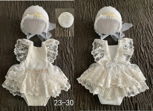 KMK Newborn 3-Piece Outfit Set in White Lace, including romper, bonnet, and wrap for professional baby photography